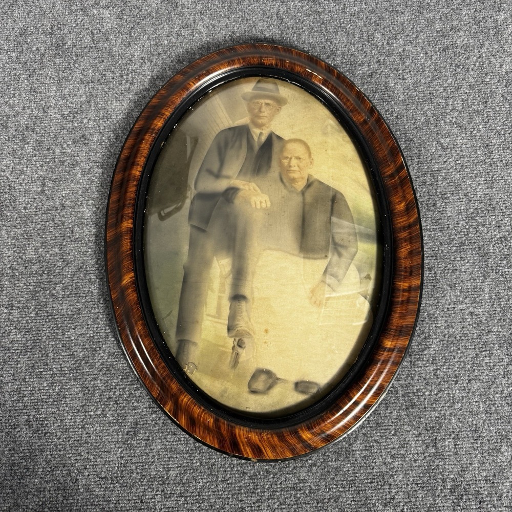 Antique 1800s Tiger Stripe Wood Oval Frame Convex Bubble Glass Men Portrait